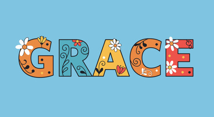 Grace word in colorful decorative floral letters.
