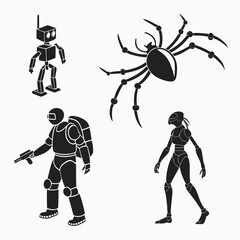 Collection of stylized black silhouette illustrations featuring a futuristic robot a mechanical spider a soldier in a sci fi suit with a weapon and a female android on a white background