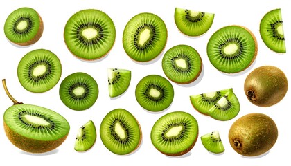 Fototapeta premium Freshly sliced kiwi fruits arranged in a vibrant pattern against a pure white background.
