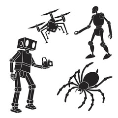 A collection of futuristic robots and a spider drone in silhouette representing technology and artificial intelligence in a modern world