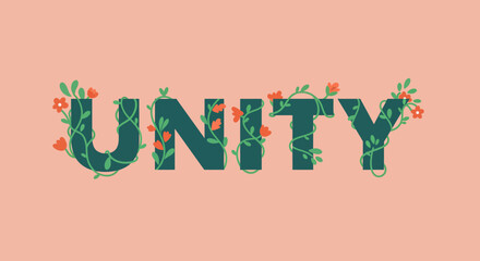 Floral decorated word UNITY on a peach background.