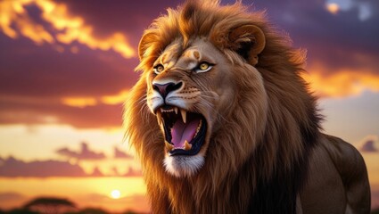 Naklejka premium Lion roaring king of the jungle wildlife animal predator feline sunset sky majestic beast nature portrait