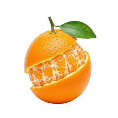 Freshly peeled orange with green leaf and stem against a transparent background