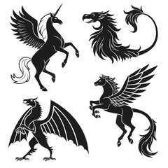 Collection of four black silhouette mythical creatures including a winged unicorn a griffin a winged horse and a dragon like beast against a white background