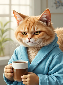 Portrait of a bad-tempered cat wearing a bathrobe and a cup of coffee in the morning. Typical morning grouch,