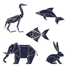 Geometric origami style silhouettes of diverse animals including a crane elephant dolphin fish and rabbit on a white background