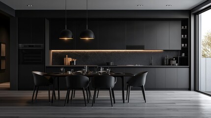 Modern dark kitchen and dining room interior with furniture and kitchenware,