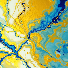 art photography of abstract fluid art painting with alcohol ink, blue and gold colors