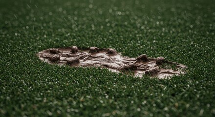 Muddy Footprint on Green Grass Field in Rain, Close-Up Detail