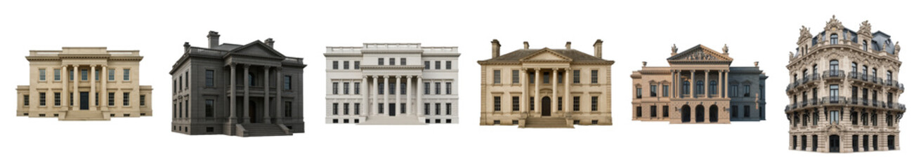 Obraz premium Classical building set including grand, stately, and ornate European style facades isolated. Architectural design and historical collection.