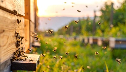 A cluster of busy bees emerging from their wooden hive at sunset, with a soft focus on the surrounding green landscape.