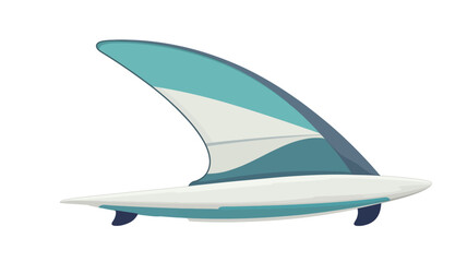 A digital illustration of a surfboard fin. The fin is predominantly teal and white, with a triangular shape. It features distinct color sections and is depicted on a white background