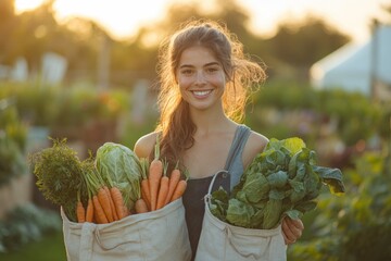 A smiling woman farmer proudly displays freshly harvested carrots, cabbage, and greens in reusable bags.