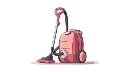 Fototapeta premium A digital illustration of a pink upright vacuum cleaner. The vacuum is depicted in a cartoon style with soft, rounded edges. It features a pink body, silver wand and hose, and a dark gray floor