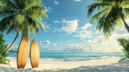 Surf boards on paradise island with palms. Unusual travel 3d illustration. Summer vacation concept