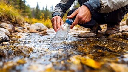 A person's hands collecting fresh, clean water from a rocky mountain stream in a bottle