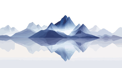 The image depicts a minimalist illustration of a mountain range reflected in a calm body of water. The mountains are rendered in shades of blue, with a soft, almost watercolor-like effect