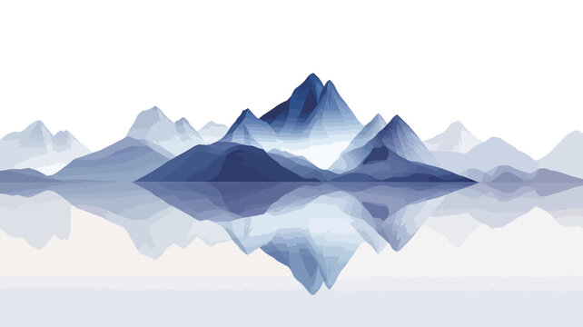 The image depicts a minimalist illustration of a mountain range reflected in a calm body of water.  The mountains are rendered in shades of blue, with a soft, almost watercolor-like effect