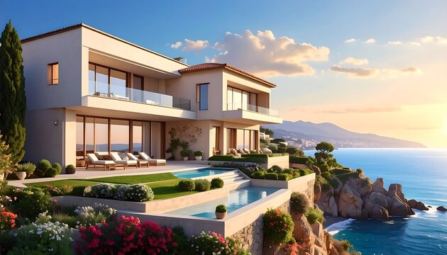 A modern, elegant villa with a stunning ocean view and a beautiful infinity pool, perches on a cliff overlooking the sea at sunset.