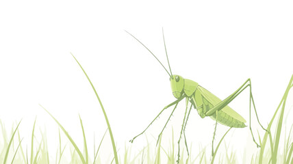 Close-up macro photograph of a green grasshopper positioned in a patch of grass against a plain white background. The image shows intricate detail of the grasshopper's body and legs.