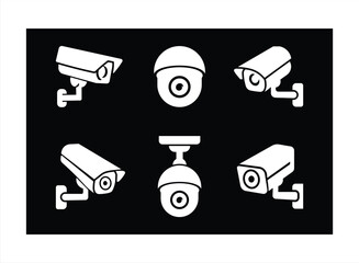 Vector illustration of six CCTV security camera icons in black silhouette, each uniquely designed and positioned to represent modern surveillance equipment.