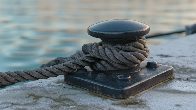 Rope tied securely on metal dock cleat, nautical marine mooring detail near calm water, boating harbor equipment close up, strong maritime knot holding vessel safely at pier, coastal anchoring concept
