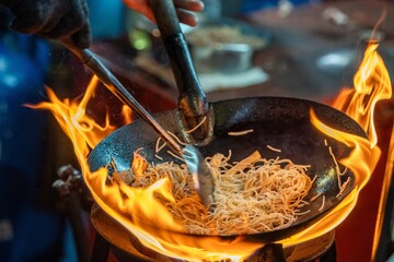 Pad Thai noodles is fried noodles cook in pan with big fire flame is hong kong style. Pad Thai famous Asian Thai street fast food in hot pan, Pad Thai is fried noodle dish a street food Thailand