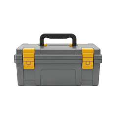 Durable grey and yellow plastic tool box with sturdy handle and secure latches transparent background