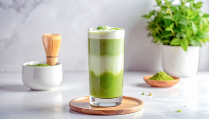Classic Matcha Milk Tea in Tall Glass with Layered Milk and Green Tea