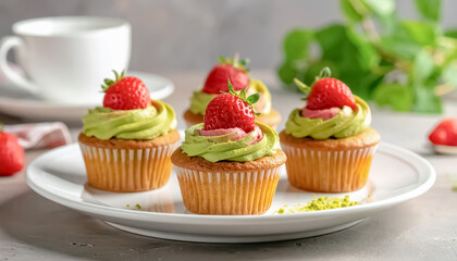 Strawberry Matcha Muffins Freshly Baked with Green and Pink Swirl on Plate