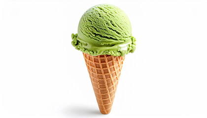 Creamy Green Matcha Ice Cream Scoop in Waffle Cone Isolated on White Background