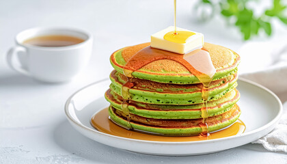 Fluffy Stack of Matcha Pancakes with Butter and Golden Syrup Drizzle on Cafe Plate