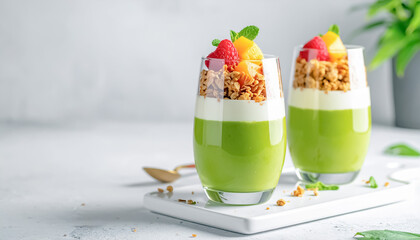 Elegant Layered Matcha Parfait with Granola Cream and Fruit Topping in Tall Glass
