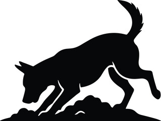 vector silhouette, digging dog with raised hind, side view, solid black