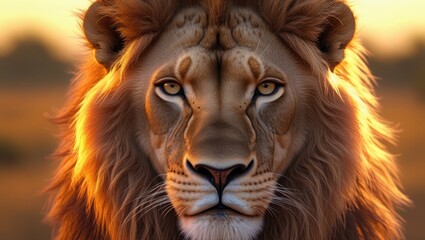 Naklejka premium Lion face close up portrait majestic king animal feline predator wildlife nature africa savanna big cat