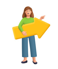 Young smiling woman Kate holding large yellow arrow and pointing forward. Direction, choice, decision making, progress and navigation concept. 3d vector people character. Cartoon minimal style.