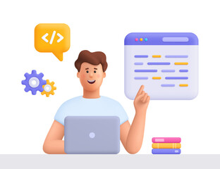Young smiling man James working on laptop, writing code, create software. Software engineering, web development, programming and coding concept. 3d vector people character. Cartoon minimal style.