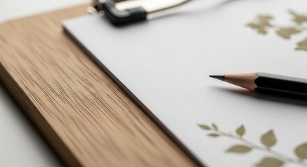 A close-up of a wooden clipboard with white paper a sharp black pencil and blurred botanical patterns