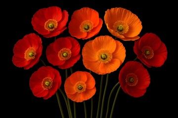 Obraz premium Vibrant red and orange poppy flowers isolated on a black background