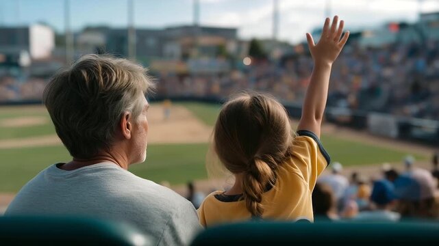 An supportive grandfather cheers at a little league game for his 9 year old granddaughter on the field with bats swinging team benches and snacks in the stands captured in a