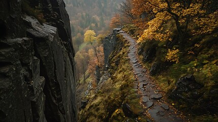 Autumnal Hiking Trail on a Cliffside, Misty Mountain Path