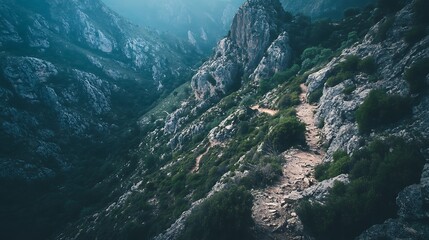 Scenic Mountain Path Through Rugged Terrain and Lush Greenery