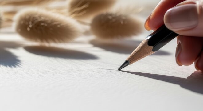 A hand holds a sharp pencil drawing a fine line on textured white paper Blurred dried plant elements create a soft background under bright light - Powered by Adobe