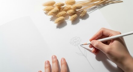 A hand with a white pencil sketches a multi-petaled flower and stem on a white sheet of paper accompanied by dried natural elements in the upper right corner