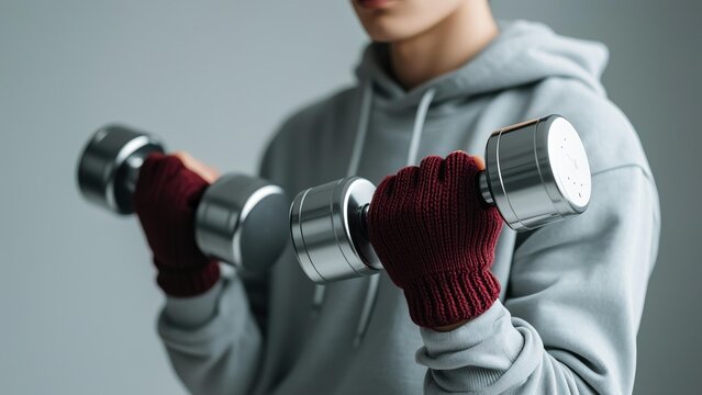 Person in gray hoodie holding metal dumbbells with maroon knitted gloves, dumbbells have subtle scratches, soft blurred gray background, realistic photo with natural lighting