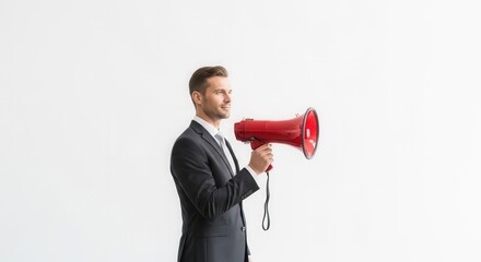 A man in a dark suit holds a red megaphone looking right with a slight smile against a plain white background