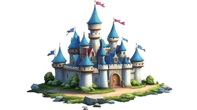 A digital illustration of a fairytale castle, rendered in a cartoon style. The castle is predominantly blue and white, with multiple turrets and towers.  It features small flags or bunting atop