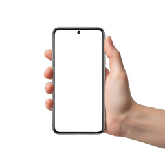Hand holding modern smartphone with blank screen for custom content display transparent background