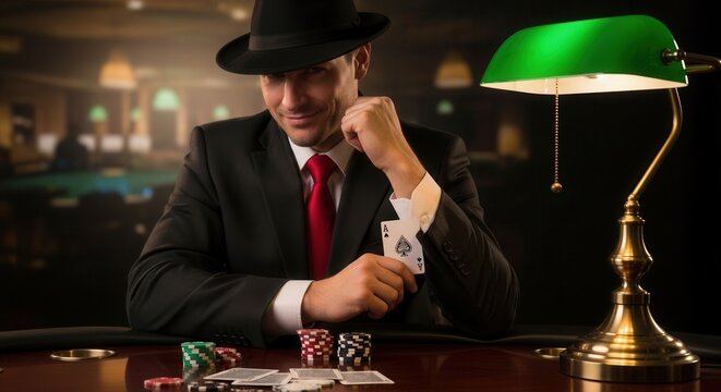 A man in a suit and fedora smiles slyly at a card table with chips holding an ace of spades A green lamp illuminates the scene - Powered by Adobe