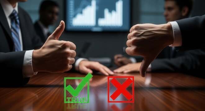 A meeting with two hands one showing a thumbs-up the other a thumbs-down on a wooden table with TRUE and X symbols